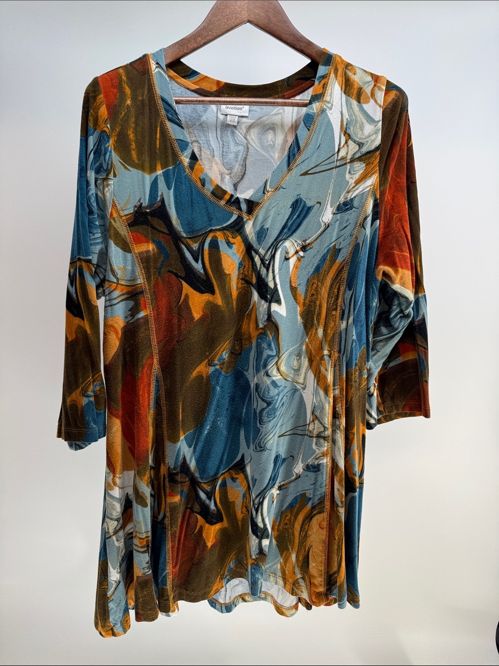 Avenue Marble-Swirl V-Neck Tunic in Blue, Brown & Orange